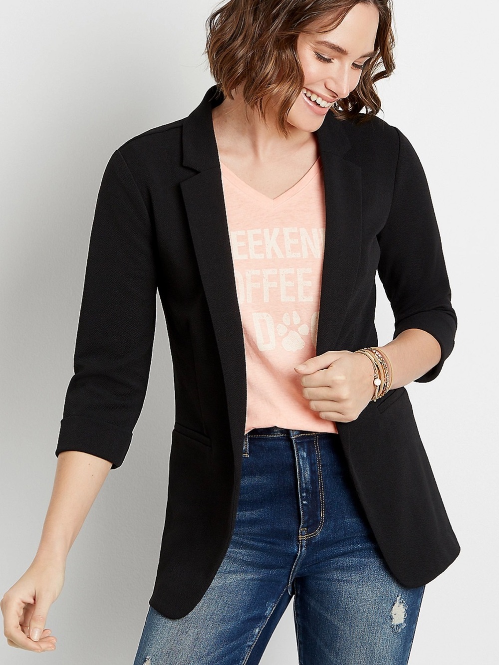Maurices Black Open-Front Blazer Three-Quarter Sleeves